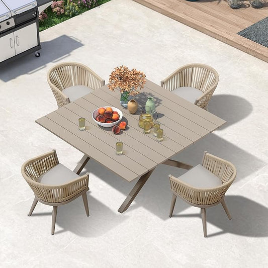 PURPLE LEAF 5 Pieces Oversized Square Outdoor Dining Set with Patio Aluminium Dining Table and Wicker Chairs Modern Furniture Cushions Sets for Backyard Indoor Decor Kitchen Champagne