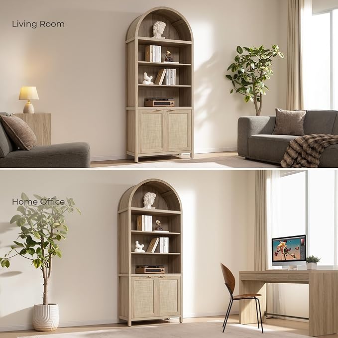 SICOTAS Book Shelf Arched Cabinet Bookshelf Arch 84.2" Tall Bookcase 5 Tier Large Bookshelves with Doors Storage Rattan Boho Wide Book Shelves Case for Living Room Kitchen Office Bedroom Library