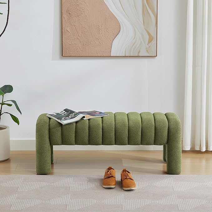 43’’ End of Bed Bench, Modern Boucle Entryway Bench, Upholstered Ottoman Stool with Full Coverage Fabrics, Ottoman for Bedroom, Living Room, Dining Room, Green