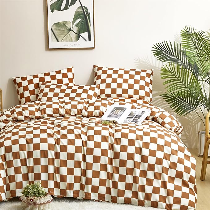 CLOTHKNOW Plaid California King Comforter Set Brown Beige Bedding Comforter Sets Soft All Season Checker Caramel Comforter with 2 x Pillow Cases