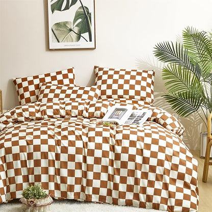 CLOTHKNOW Plaid California King Comforter Set Brown Beige Bedding Comforter Sets Soft All Season Checker Caramel Comforter with 2 x Pillow Cases