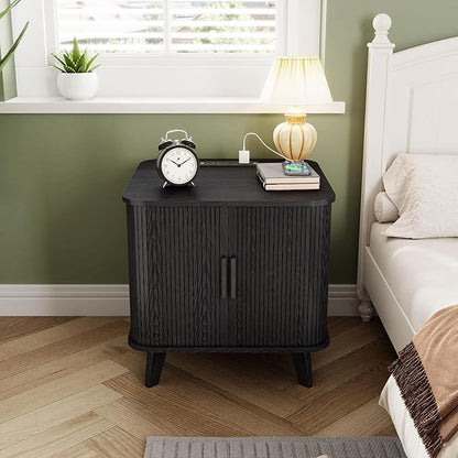 24 Inch End Table with Charging Station, Mid Century Modern Fluted Nighstand with Storage & Sliding Door, Wooden Large Side Table for Bedroom Living Room (Square, Black)