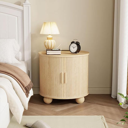 24" End Table with Charging Station, Farmhouse Round Fluted Wood Night Stand, Mid-Century Large Side Table with Storage & Sliding Door for Living Room, Bedroom (Round, Natural)