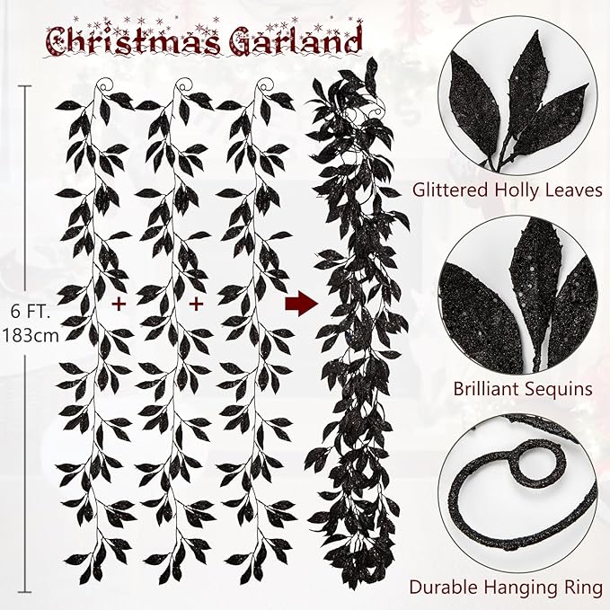 3 Pcs 6FT Christmas Garland Black Glittered Artificial Magnolia Leaves for Mantle Christmas Tree Decorations Indoor Outdoor Hanging Garland Ornaments Garden Door Wall Window Stair Holiday Home Decor