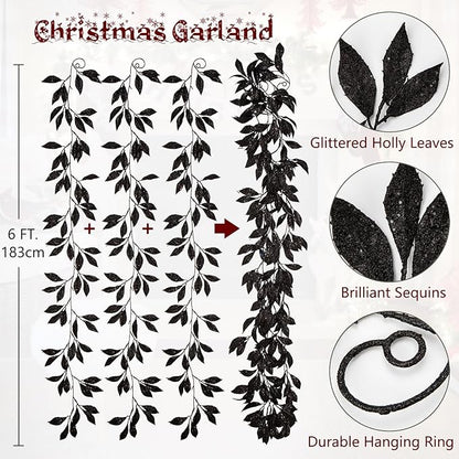 3 Pcs 6FT Christmas Garland Black Glittered Artificial Magnolia Leaves for Mantle Christmas Tree Decorations Indoor Outdoor Hanging Garland Ornaments Garden Door Wall Window Stair Holiday Home Decor