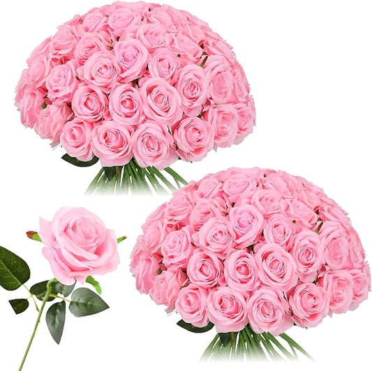 Nubry 50pcs Artificial Silk Roses Bulk,Fake Roses Flower with Stems Realistic Flowers for Wedding Centerpiece Home Party Decor(Pink)