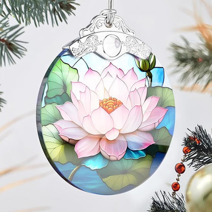 Lotus Stained Glass Ornament - Christmas Tree Decorations, Lotus Ornaments for Christmas Tree, Holiday Presents