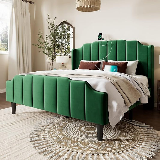 Allewie Vintage Full Size Velvet Platform Bed Frame with Curved Vertical Tufted Wingback Headboard and Footboard, Charging Station, Easy Assembly, Under Bed Storage, No Box Spring Required, Green