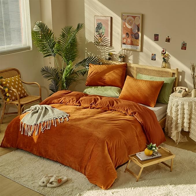 Pureant Burnt Orange Fluffy Comforter Set King Rust Velvet Bedding Comforter Sets for Women Girls Solid Terracotta Flannel Blankets Plain Rust Caramel King Size Comforter Modern Reddish Brown Bed
