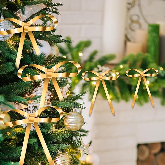 20 Pcs Christmas Metal Bow Ornaments with Clip, 5 x 6 Inch Christmas Bows Door Garland Decor Vintage Wreath Bow for Tree, Wreath, Gift Wrapping (20, Gold)