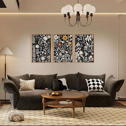 HOURIA Large Moody Boho Floral Framed Canvas Wall Art Set,Mid Century Black Flower Leaf Wall Decor,Retro Dark Wildflower Artwork,Minimalist Botanical Art Print for Living Room,Bedroom,Office-24"x36"x3
