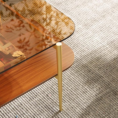 AGV LIGHTING Tadio Glass Coffee Table, Mid-Century Modern Coffee Table for Living Room, Gold Finish Leg, Coffee Brown Glass Top & Walnut Brown Shelf, Rounded Corners