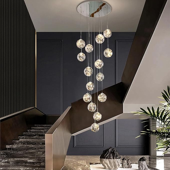 15-Light LED Staircase Chandelier Crystal Ceiling Lights Large Chandeliers for High Ceilings, Entryway Modern Lighting Fixture Villas and Stairs, Adjustable Length 23" W x100 H,75W