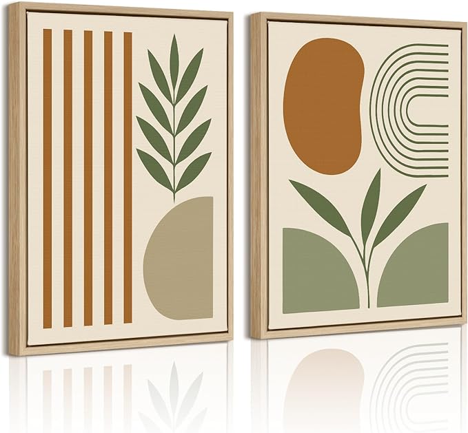 DAJONART Minimalist Boho Wall Art Set of 2,Sage Green & Olive Gray Abstract Prints Duo Framed Canvas for Modern Organic, Japandi, and Bedroom Decor,Neutral Earth-Tone Geometric Wall Decor,12x16 in