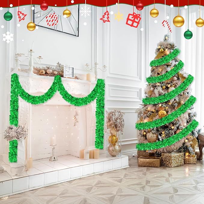 50FT Green Christmas Tinsel Garland - Metallic Tinsel Glitter Twist Garland Hanging Streamers for Indoor Decor, Xmas Tree Garlands Decorations
