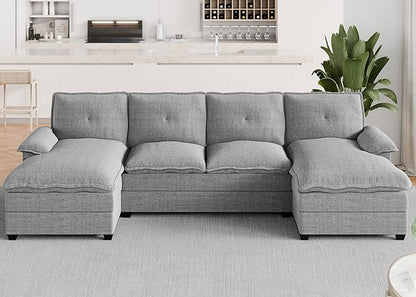 Meilocar U Shaped Sectional Sofa 110" 4 Seat Large Cloud Couch with Double Layer Cushions, Striped Grey
