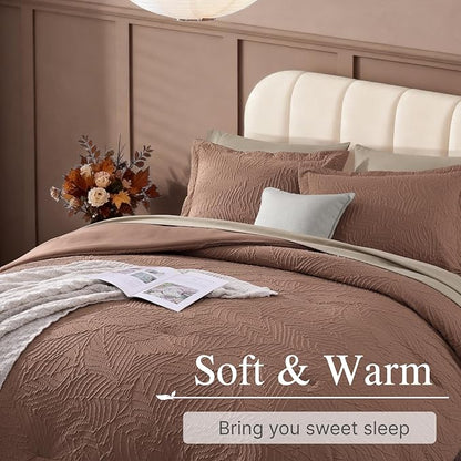 Geniospin Full Size Comforter Set - Brown Textured Bedding Sets Full 7 Pieces, Bed in A Bag with Comforter, Sheets, Pillowcases & Shams, All Season Brown Bedding