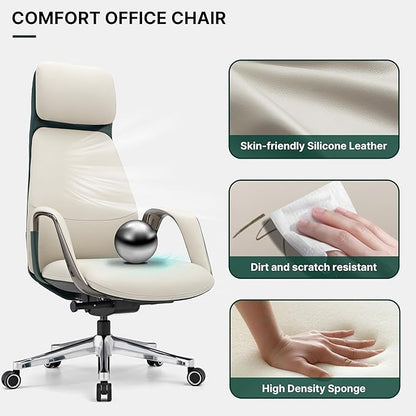 EUREKA ERGONOMIC Comfortable Office Chair Ergonomic Desk Chair, Genuine Leather Office Chair Big and Tall Executive Chair with Lumbar Support, Modern Ergonomic Chair with Wheels for Home Office- Beige