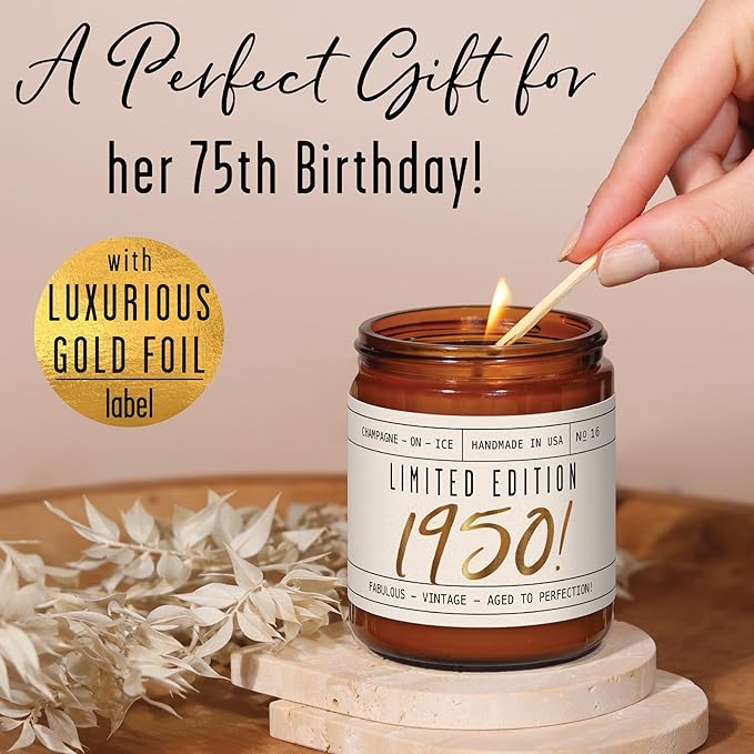 75th Birthday Gifts for Girls - 'Limited Edition 1950' Soy Candle, w/Champagne on Ice I 75 Birthday Gifts for Women I 75th Gift for Her Ideas I 9oz Reusable Jar, 50Hr Burn, Made in USA