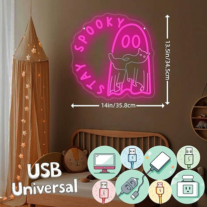 Ghost holding a cat Stay Spooky Neon Sign, Funny Halloween Party Wall Decor, Spooky Season Room Sign for Boo Wall Decor Neon Light for Bar Man Cave Home Yard Decoration Funny Spooky Vibes-Pink
