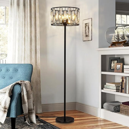 Wellmet Black Crystal Floor Lamp for Living Room, 4 Lights Modern Crystal Standing Lamp, Tall Elegant Floor Lamp with Foot Switch for Office, Reading Room, Bedroom, Dining Room, Entryway(E12 Base)