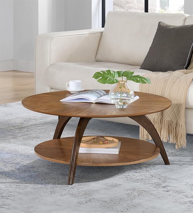 Martin Svensson Home LAX Retro Mid-Century Modern Round Wood Coffee Table with Lower Shelf, Cocktail Table for Living Room or Den. Caramel Brown with Walnut Brown Legs.