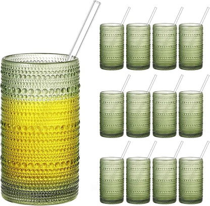16oz Hobnail Drinking Glasses Set of 12, Vintage Large Capacity Embossed Green Tumblers, Highball Glasses for Water, Cocktail, Beer, Whiskey, Juice & Bar Use
