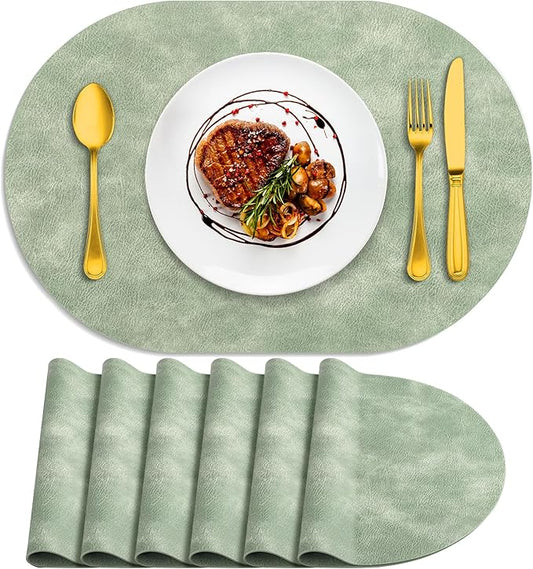 ADRIMER Placemats, Heat Resistant Oval Placemats Set of 6 Washable 12 x 17 Inch, Waterproof Table Mats, Wipeable Pu Place Mats for Kitchen, Dining Room, Green