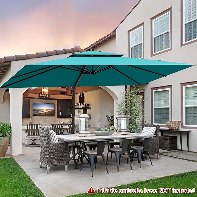 9x12FT Turquoise Cantilever Outdoor Patio Umbrella with Base, Large Rectangular Offset Design, Double Top Heavy Duty Aluminum Frame & 360° Rotation for Pool Garden Deck Backyard