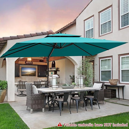 9x12FT Turquoise Cantilever Outdoor Patio Umbrella with Base, Large Rectangular Offset Design, Double Top Heavy Duty Aluminum Frame & 360° Rotation for Pool Garden Deck Backyard