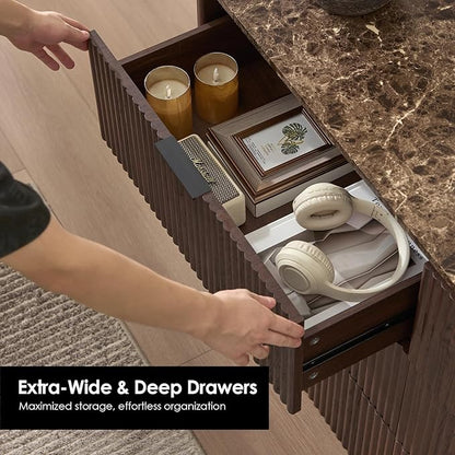 Fluted 6 Drawer Dresser for Bedroom, 54.5" Wide Modern Chest of Drawers with Faux Marble Top, Curved Corners, Wooden Dresser TV Stand with Organizer Storage for Living Room, Dark Oak