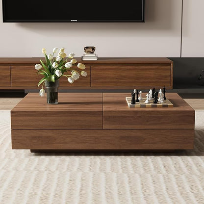 Mid-Century Expandable Coffee Table with Storage – 47.2"-81.9" Adjustable Center Table for Living Room, Walnut Wood Finish