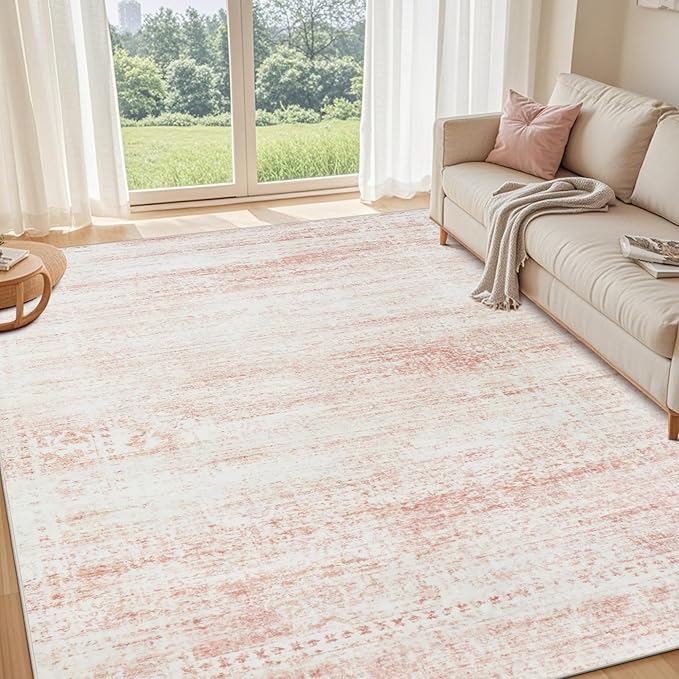 Washable Rugs 8x10 Area Rugs for Living Room,Rugs for Bedroom,Large Carpets,Ultra Soft Faux Wool Retro Dining Room Rug,Non Slip&Non-Shedding Low Pile Vintage Print Rug for Home Office-Pink White