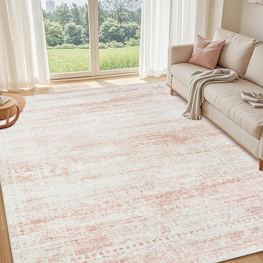 Washable Rugs 8x10 Area Rugs for Living Room,Rugs for Bedroom,Large Carpets,Ultra Soft Faux Wool Retro Dining Room Rug,Non Slip&Non-Shedding Low Pile Vintage Print Rug for Home Office-Pink White