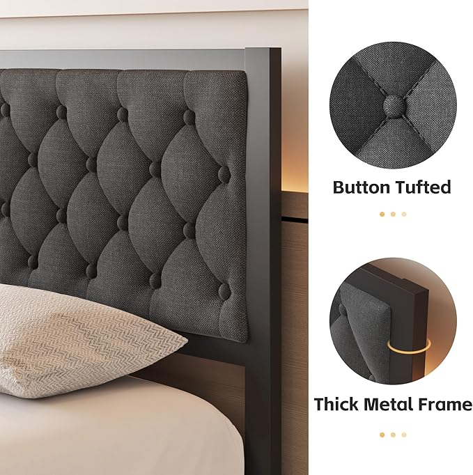 Queen Bed Frame with Headboard Linen Upholstered Bed Frame Platform,All Metal Slats Support Platform Bed Frame with Storage Space,Easy Assembly,Noise Free,No Box Spring Needed,Grey
