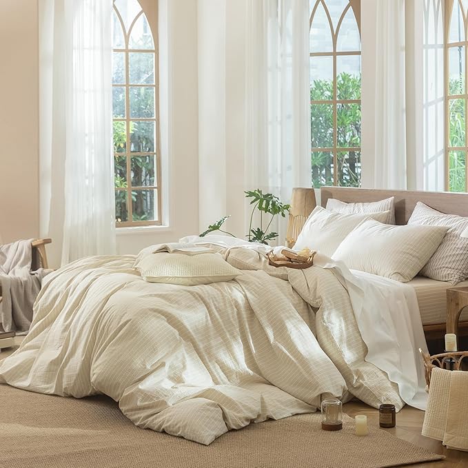 MooMee Striped Duvet Cover Set 100% Washed Cotton Linen Like Textured Breathable Durable Soft Comfy (Almond Milk Grey White Wide Stripes, Alaska King 132"x120")