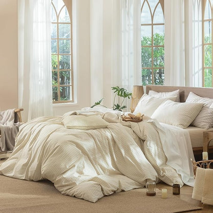 MooMee Striped Duvet Cover Set 100% Washed Cotton Linen Like Textured Breathable Durable Soft Comfy (Almond Milk Grey White Wide Stripes, Oversized Queen 98"x98")