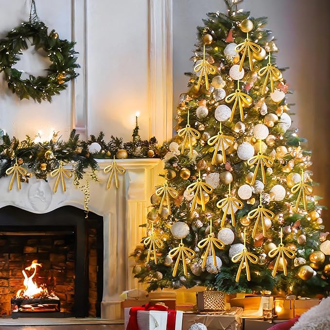 24 Pcs 2025 Christmas Metal Bow Ornaments Bulk for Christmas Tree Garland Wreath Fireplace Vintage Gold Bow Ornaments Indoor Outdoor Home Xmas Party Decorations