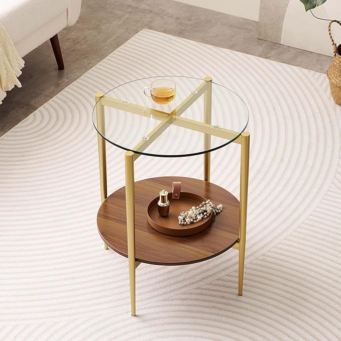 Round Glass End Table, Mid-Century Modern Design Sofa Table for Living Room, D18 x H23, 2-Tier Structure, Clear Glass Top and Walnut Shelf, Sleek Conical Legs with Gold Finish Frame