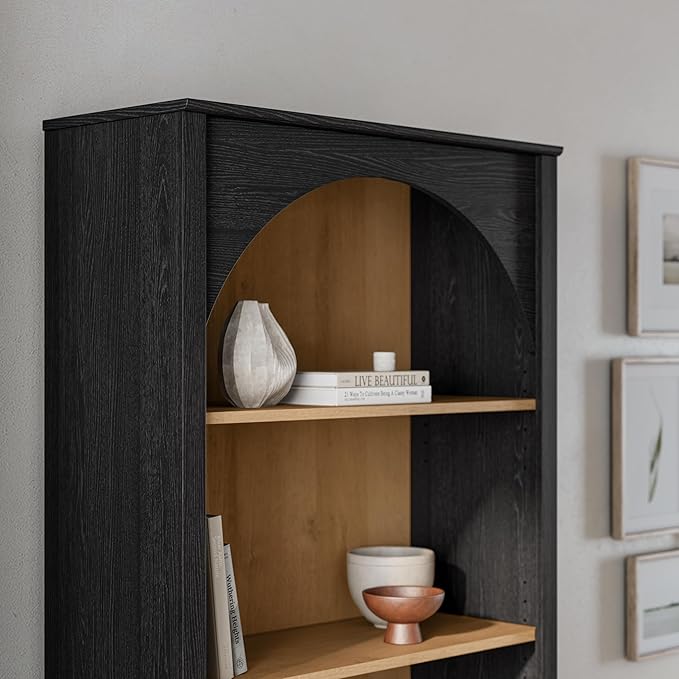 Prepac Ark 78" Tall 5-Tier Arched Bookcase, Black Oak with Oak Finish Interior, Modern Storage Accent Bookshelf with 3 Adjustable Shelves for Home, Office, Living Room, Bedroom