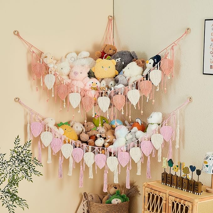 Pretty Jolly Stuffed Animal Storage with Hand Woven Leaf Tassels Hammock Corner Hanging Net Boho Macrame Plush Storage for Kid Room Nursery Wall Display Organizer for Girls Boy Gift(Light Pink)