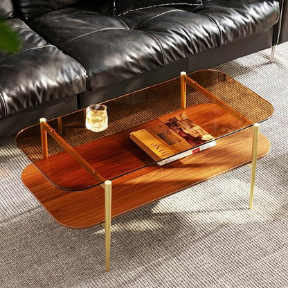 AGV LIGHTING Tadio Glass Coffee Table, Mid-Century Modern Coffee Table for Living Room, Gold Finish Leg, Coffee Brown Glass Top & Walnut Brown Shelf, Rounded Corners