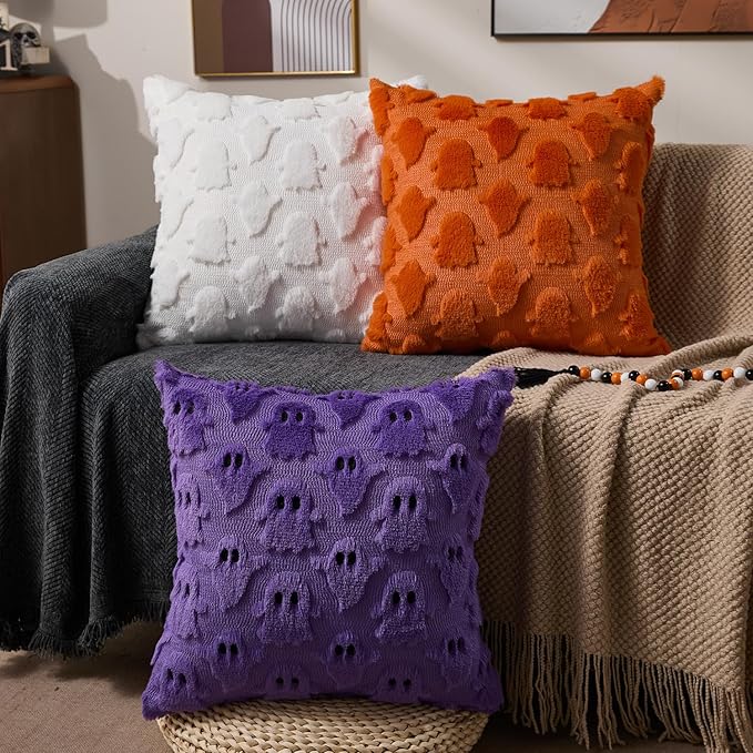 DFXSZ Halloween Pillow Covers 20x20 inch Set of 2 Purple Ghost Throw Pillow Cases Soft Plush Faux Fur Wool Cushion Case for Chair Bedroom Living Room Home Decor PTK03E20