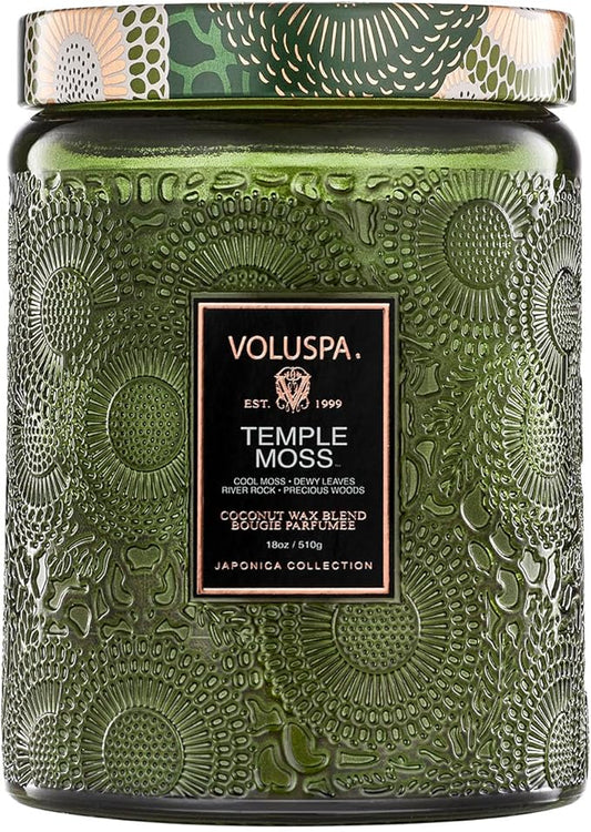 Voluspa Temple Moss, Large Candle Jar, 18oz, Coconut Wax Blend, Scented Candles for Home, 100 Hour Burn Time, Handcrafted in the USA