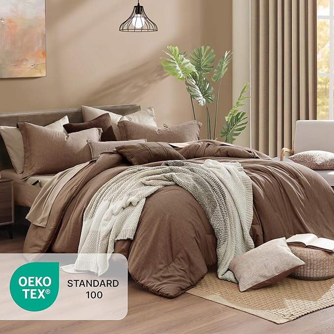Monbix Full Size Comforter Set, Brown Bedding Comforter for Full Size Bed Set Reversible, Bedding Sets Full 7 Pieces, Cationic Dyeing Bed in a Bag with Comforter, Sheets, Pillowcases & Shams