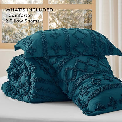 Bedsure Tufted Boho Comforter Set Queen Size - Teal Boho Bed Set, GentleSoft 3 Pieces Farmhouse Shabby Chic Embroidery Bedding, Gifts for Woman, Soft Jacquard Queen Comforter for All Seasons