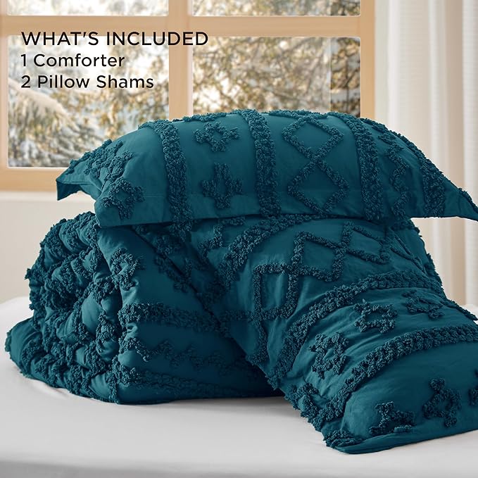 Bedsure Tufted Boho Comforter Set California King - Teal Boho Bed Set, GentleSoft 3 Pieces Farmhouse Shabby Chic Embroidery Bedding, Gifts for Woman, Soft Jacquard Comforter for All Seasons