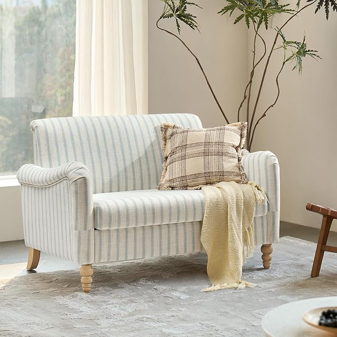 EcoHarbor Living 50.5" Mid-Century Modern Couch, Upholstered Sofa with Armrests, Stripe Mini Loveseat Couches for Small Space, Living Room, Bedroom, Office, Apartment, Blue