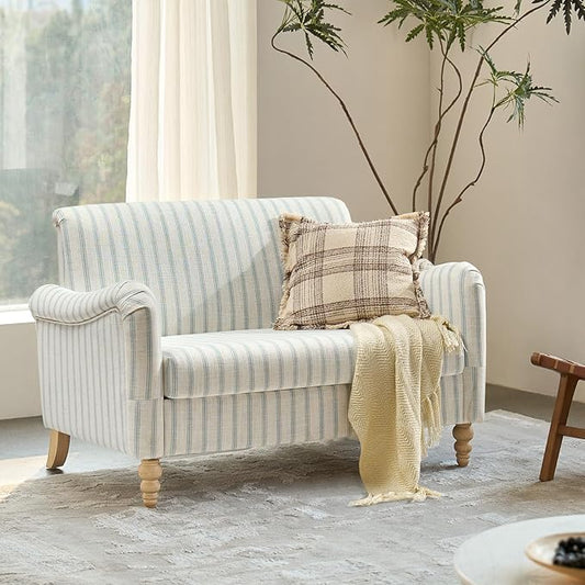 EcoHarbor Living 50.5" Mid-Century Modern Couch, Upholstered Sofa with Armrests, Stripe Mini Loveseat Couches for Small Space, Living Room, Bedroom, Office, Apartment, Blue