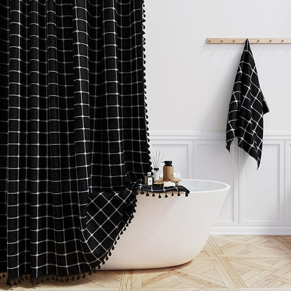 BTTN Boho Farmhouse Shower Curtain, Linen Heavy Duty Fabric Shower Curtain Set with Tassel, Water Repellent, Bohemian Vintage Country Polyester Shower Curtains for Bathroom, Black and White, 72x72